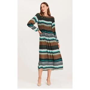 Tyler Boë Taylor Chevron Midi Long Sleeve 100% Viscose Flowy Smocked Dress XS